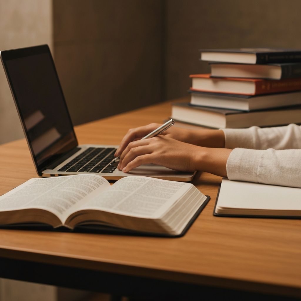 Author writing with Bible and published books